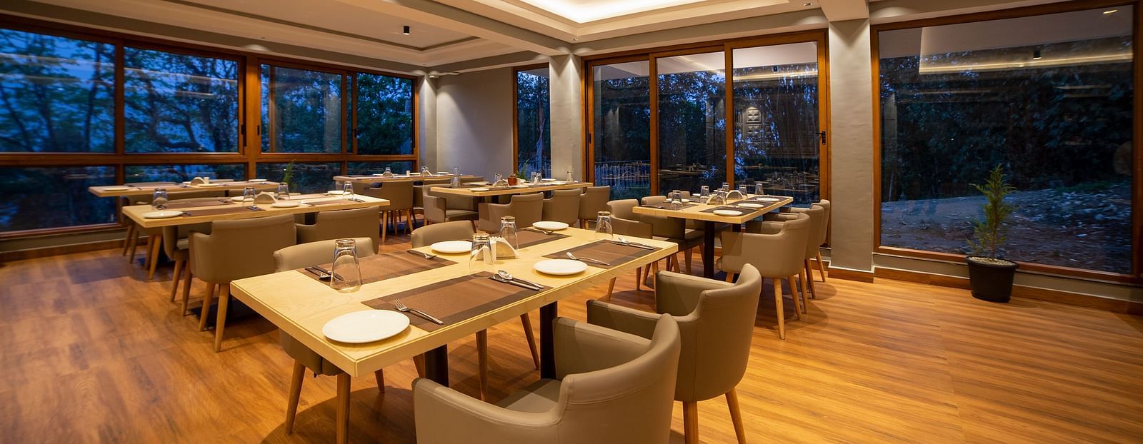 Modern, warmly lit restaurant interior with wooden floors, beige chairs, and tables set for dining, surrounded by large windows showing a view of trees at dusk - Yashshree Pelling Chekhim Retreat.