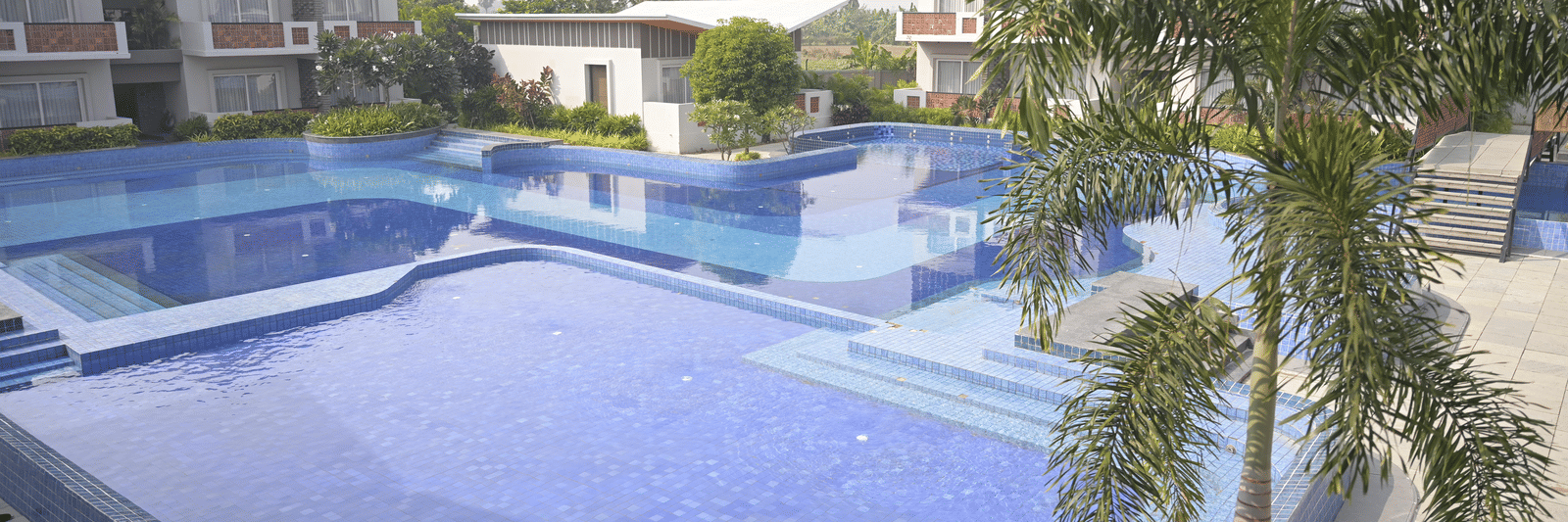 A wide view of the Hotel Sonar Bangla Mayapur's blue swimming pool surrounded by palm trees.