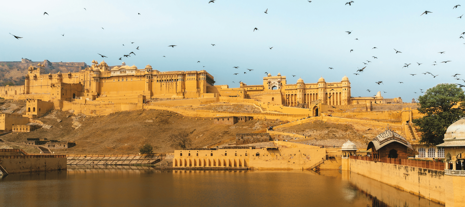 A view of the Amber Fort in Rajasthan overlooking the surrounding waters with the blue sky st the back. There are birds flying across the picture.