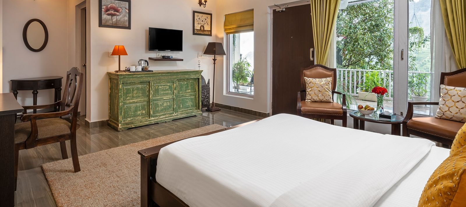 Bright and elegant guest room with large windows, wooden furniture, and modern decor, at BluSalzz Collection - Suvaasa Resort, Ramgarh.