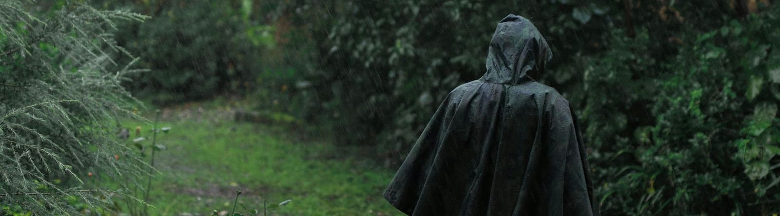 image of a person wearing a black raincoat traversing a densely green forest in rains 