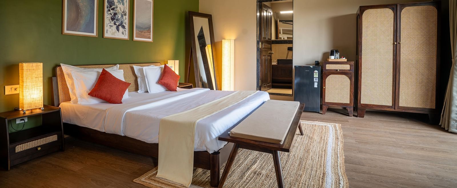 Bright bedroom with earthy tones and sleek furniture at Kssemya.