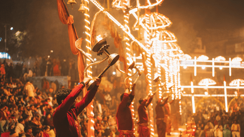 An elaborate fire ritual performed by priests at Dashashwamedh Ghat, Varanasi.