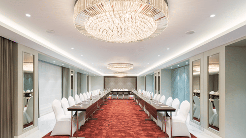 Sampark Banquet Hall in Haridwar with a well-organised U-shaped seating arrangement - MJ Sarovar Portico, Haridwar