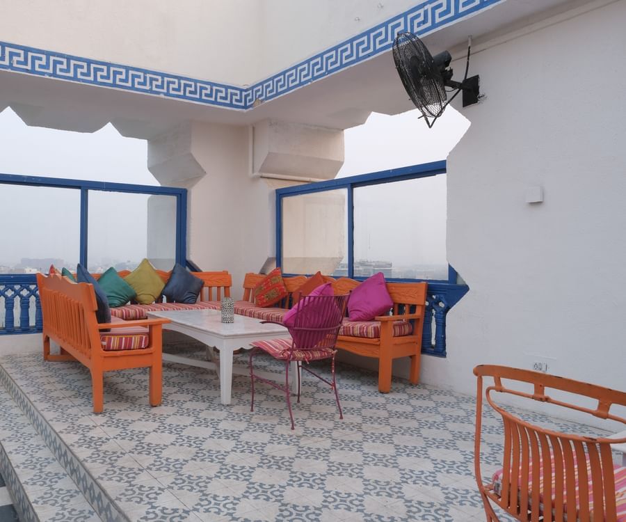 The Corner seats with a teapoy at ta BLU Rooftop Bar at Clarks Amer, Jaipur