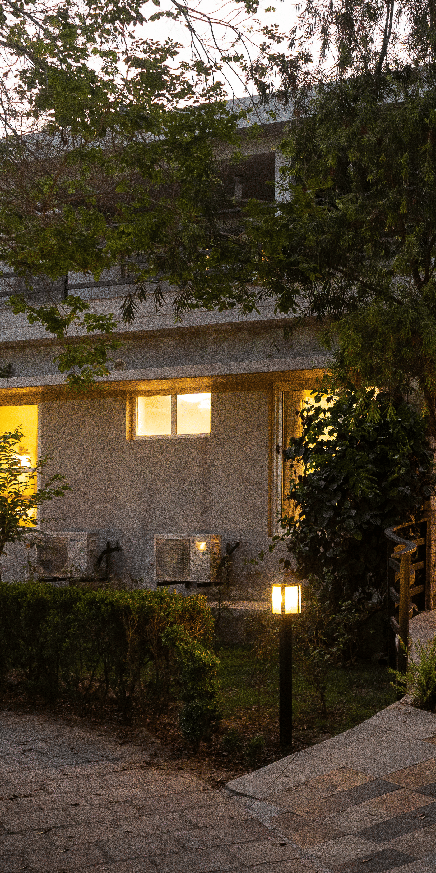 Building's exterior illuminated with warm lights, showing a pathway and garden area at The Golden Tusk, Jim Corbett