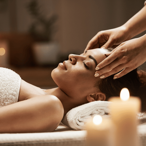 A woman wearing a towel receiving a head massage in a serene setting