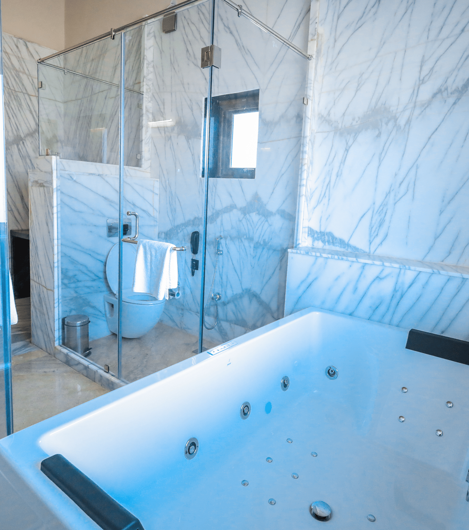 A washroom shows a bathtub with controls, a glass shower enclosure, a window and tiled walls surrounding the fixtures at Ananta Spa & Resort, Jaipur.