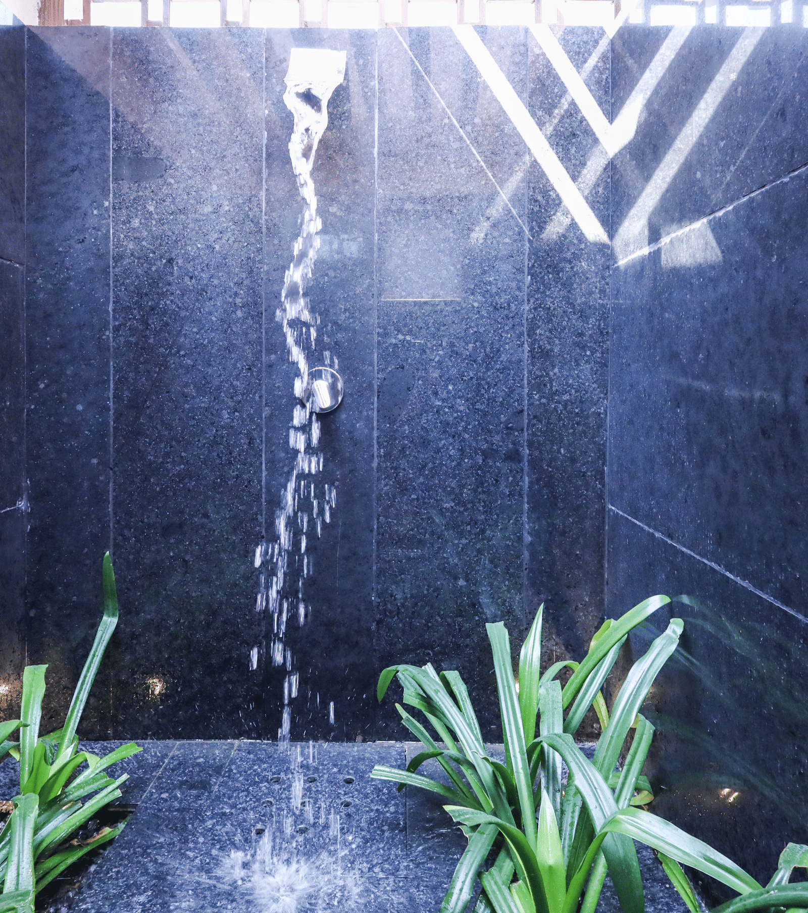 An outdoor shower space shows flowing water falling onto plants with a tiled wall behind the plants at Ananta Spa & Resort, Jaipur.
