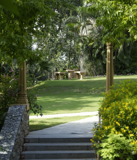 Garden pathway surrounded by lush trees with the sunset filtering through the foliage at YAAN Udaipur