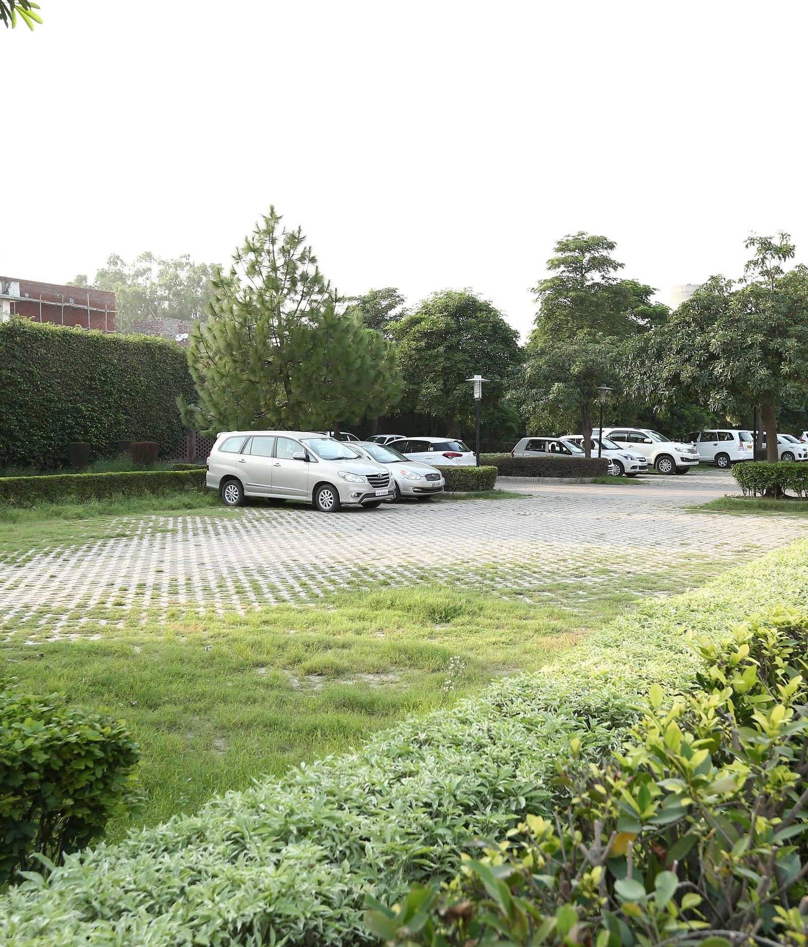 A view of cars parked surrounded by greenery at Nirvana Luxury Hotel, Ludhiana.