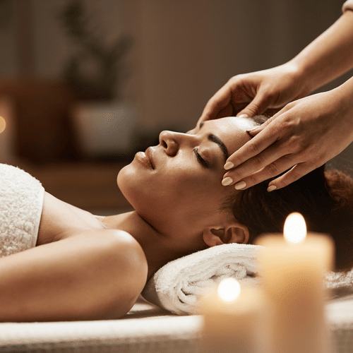 A woman wearing a towel receiving a head massage in a serene setting