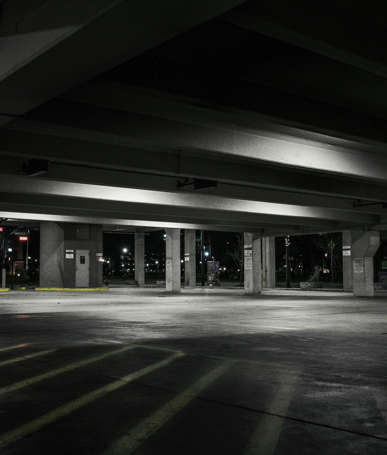 An empty parking lot at night