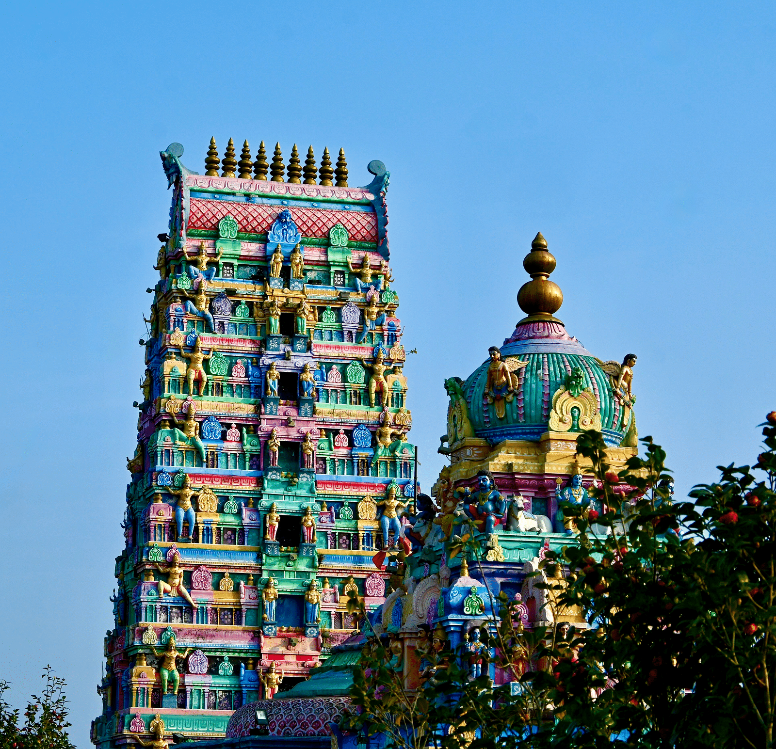 Exterior view of a temple on a clear sunny day.