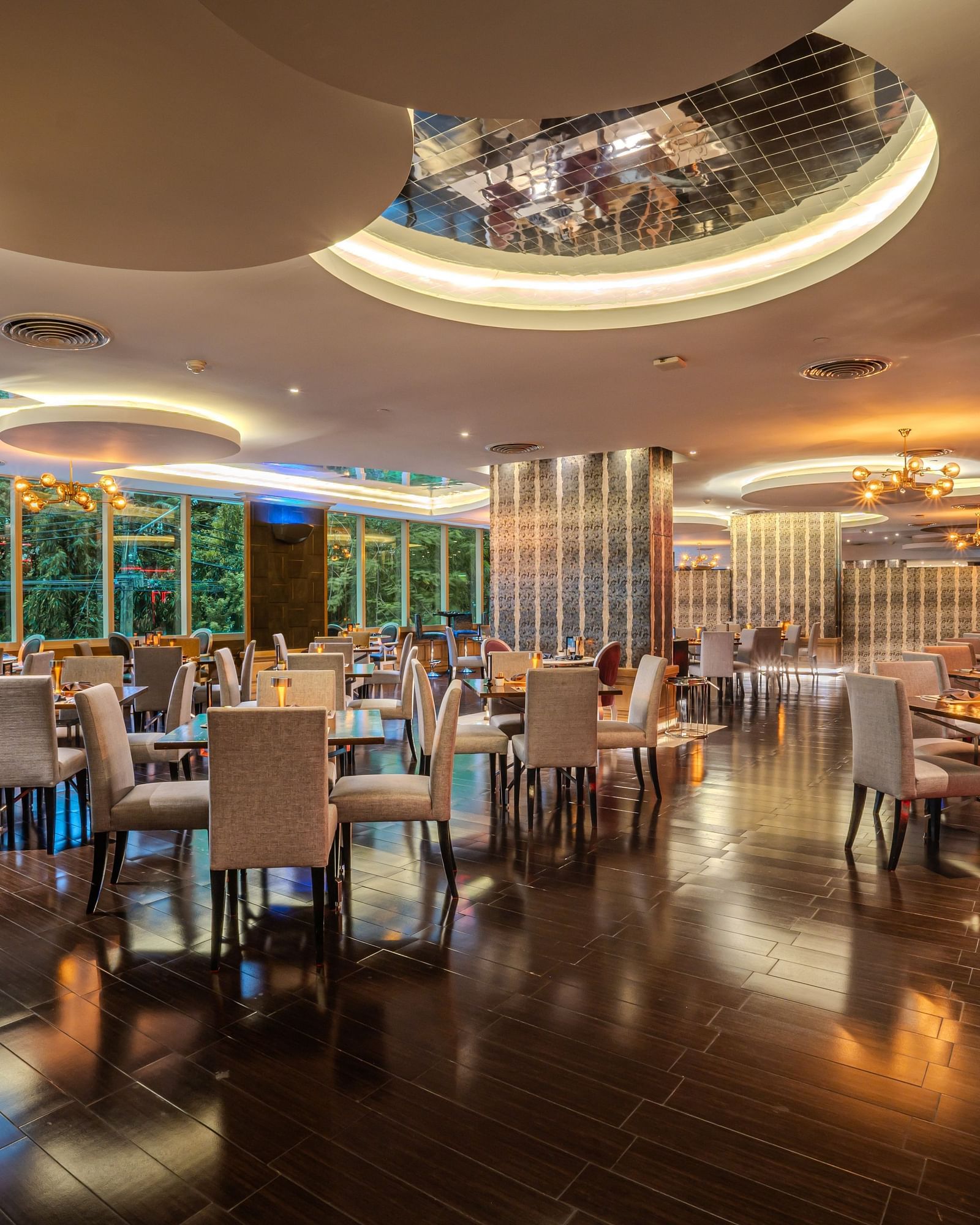 An overview of the seating arrangements inside a restaurant - Night Hotel Bangkok.