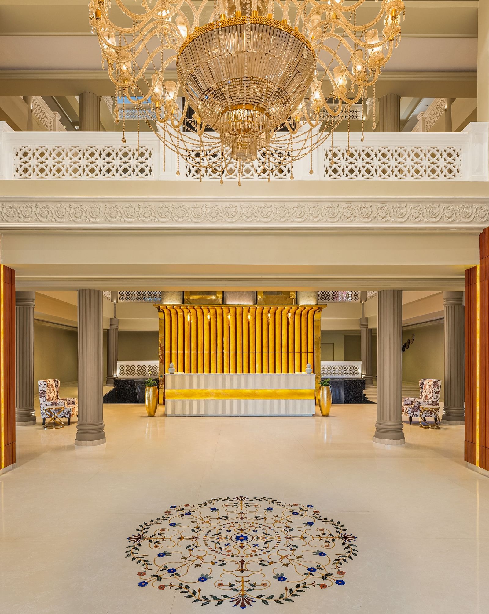 Overview of the Lobby area of Essentia Luxury Resort & Spa, Udaipur.