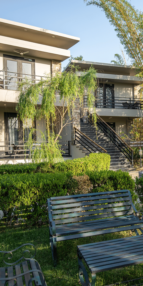 Lawn area of the resort building with a lush green garden and outdoor seating in the daytime at The Golden Tusk, Jim Corbett