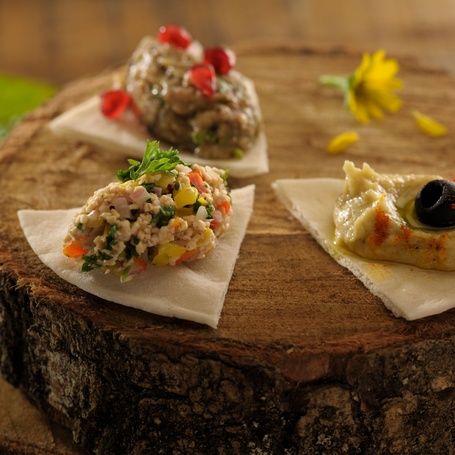 Mezze platter with hummus, baba ganoush on wood.
