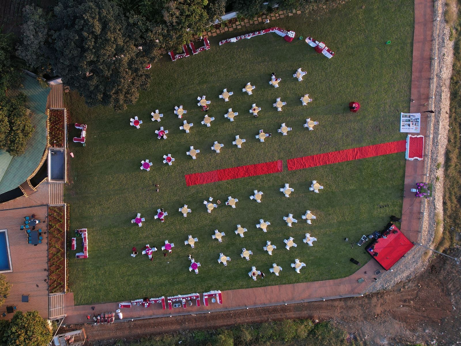 Aerial view of the open-air banquet at Mango Leaf Lake Resort, Pune