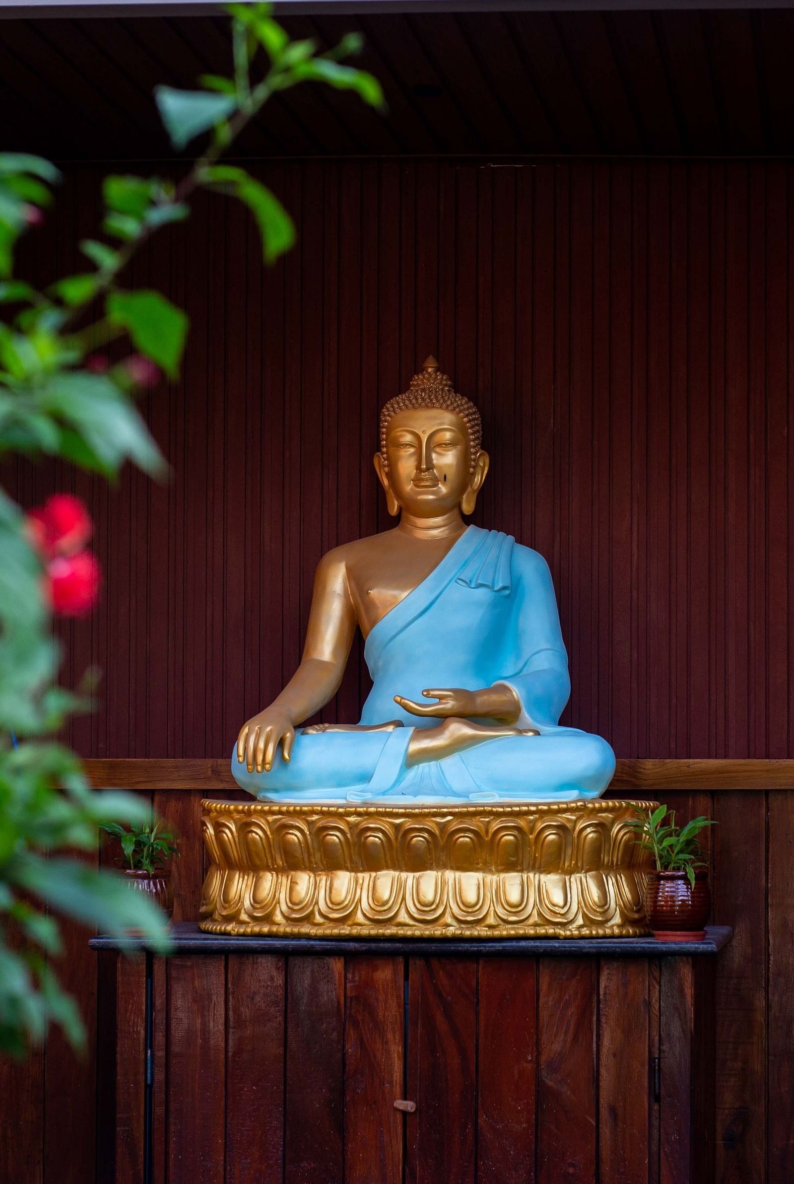 A peaceful image of a Buddha statue in a calm, natural setting. The statue is surrounded by greenery, creating a serene and meditative atmosphere - Coral Reef Resort & Spa, Havelock