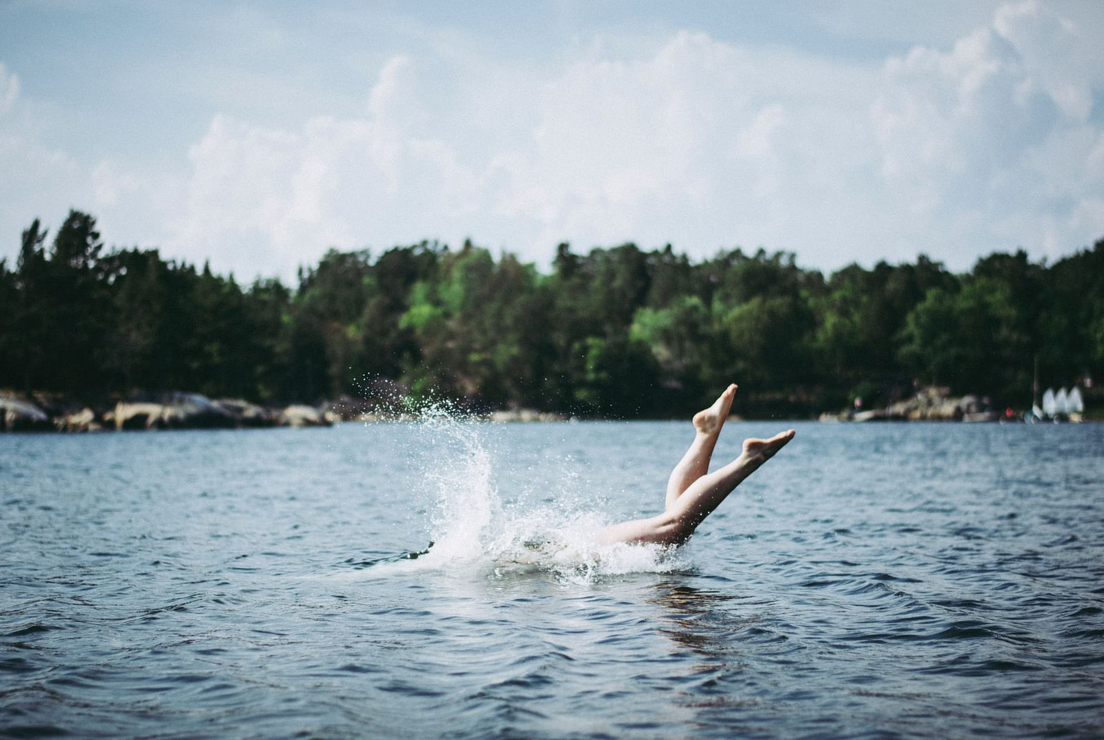 a person diving into a water body with trees in the background