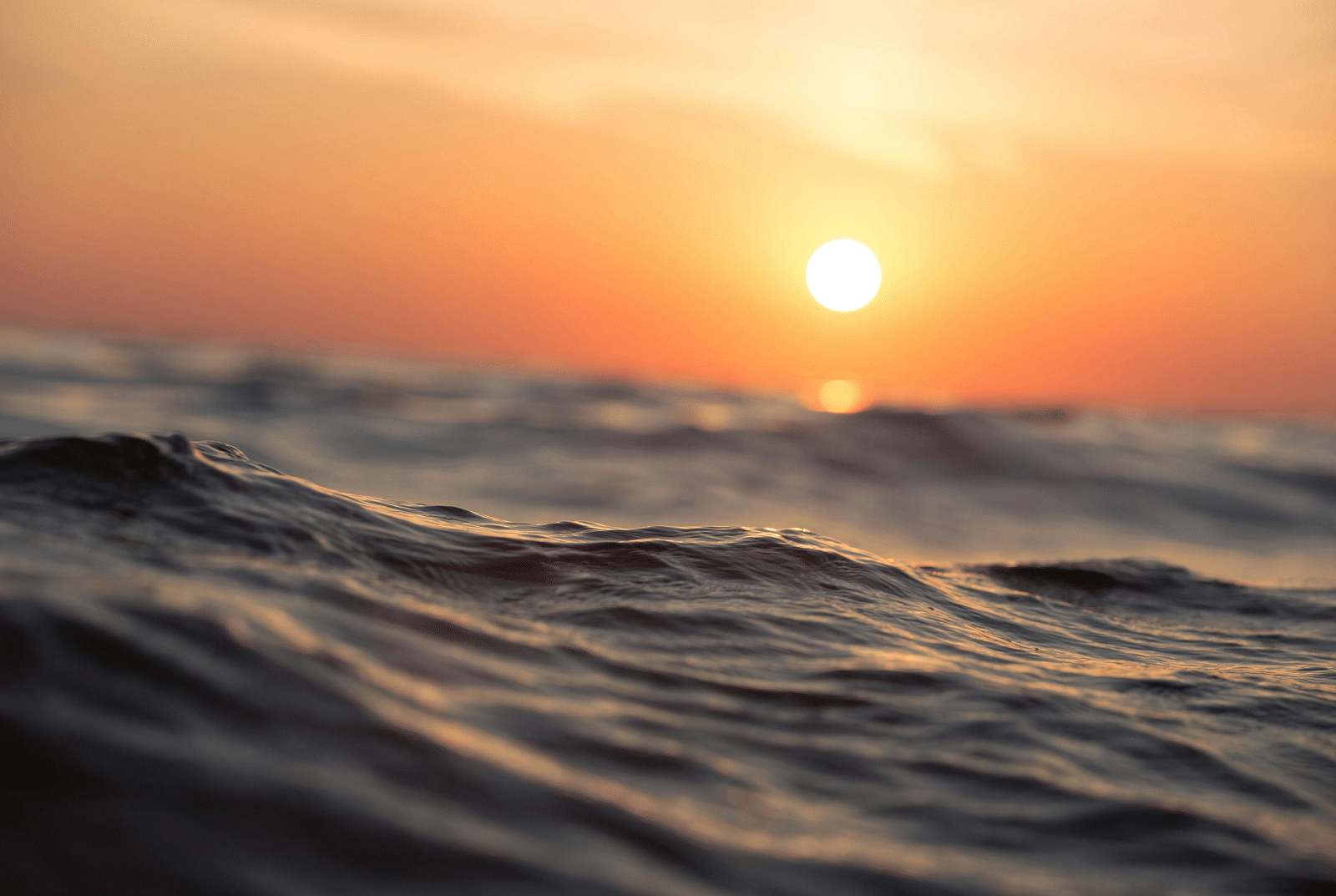 The waves gently lapping at the shore, set against the backdrop of a sunset