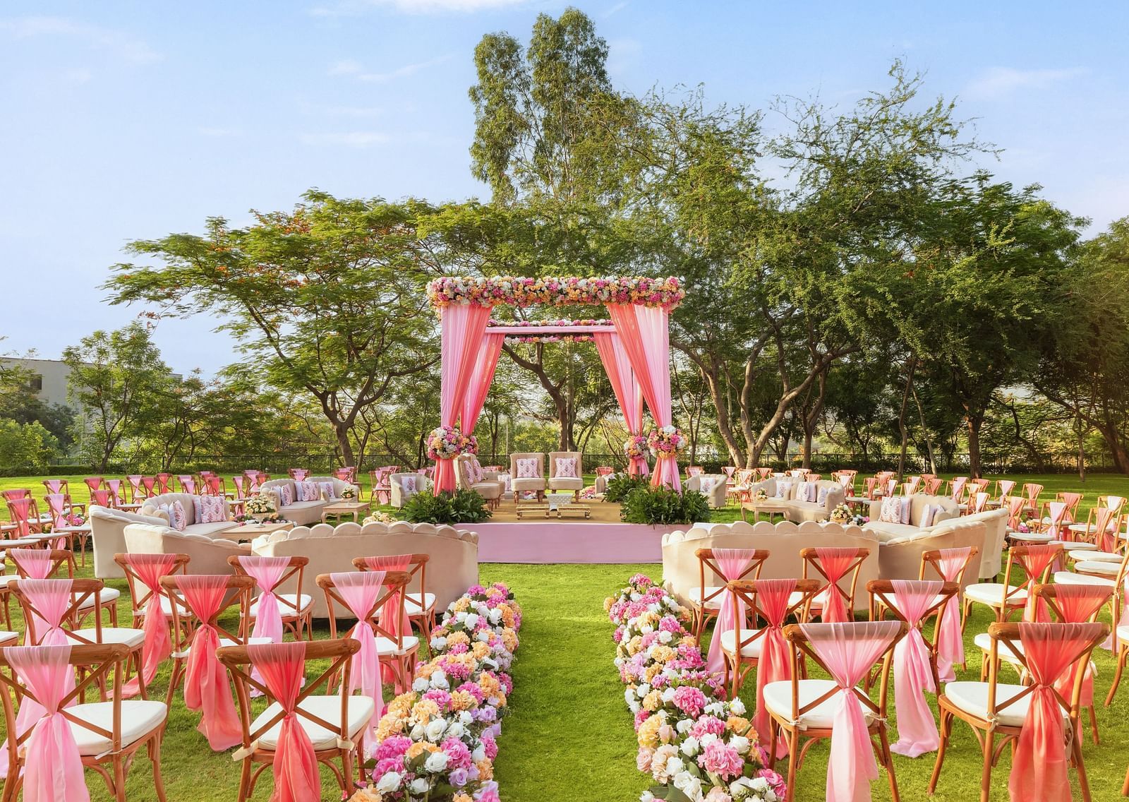 Seating arrangements in the lawn area of Gulmohar Gardens - Essentia Luxury Resort & Spa, Udaipur