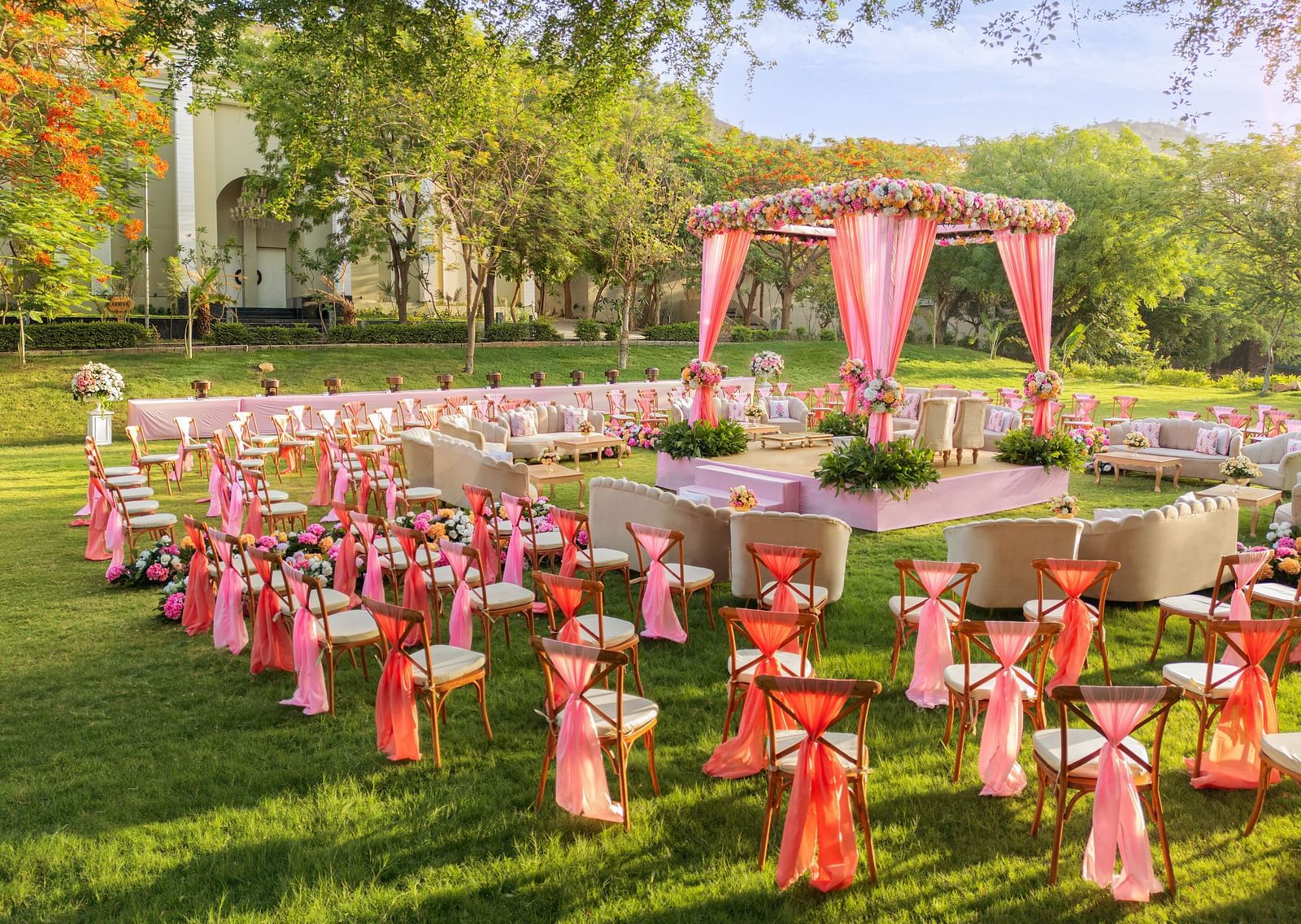 Seating arrangements in the lawn area of Gulmohar Gardens - Essentia Luxury Resort & Spa, Udaipur