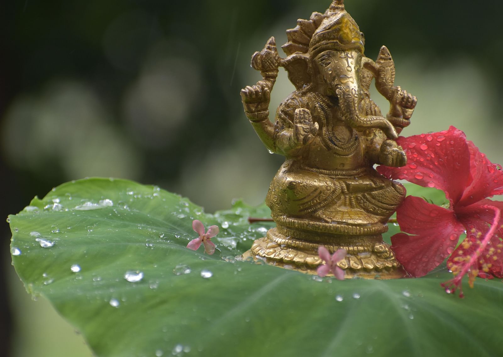 An overview of an idol of Ganesha kept on a banana leaf with a flower next to the idol.