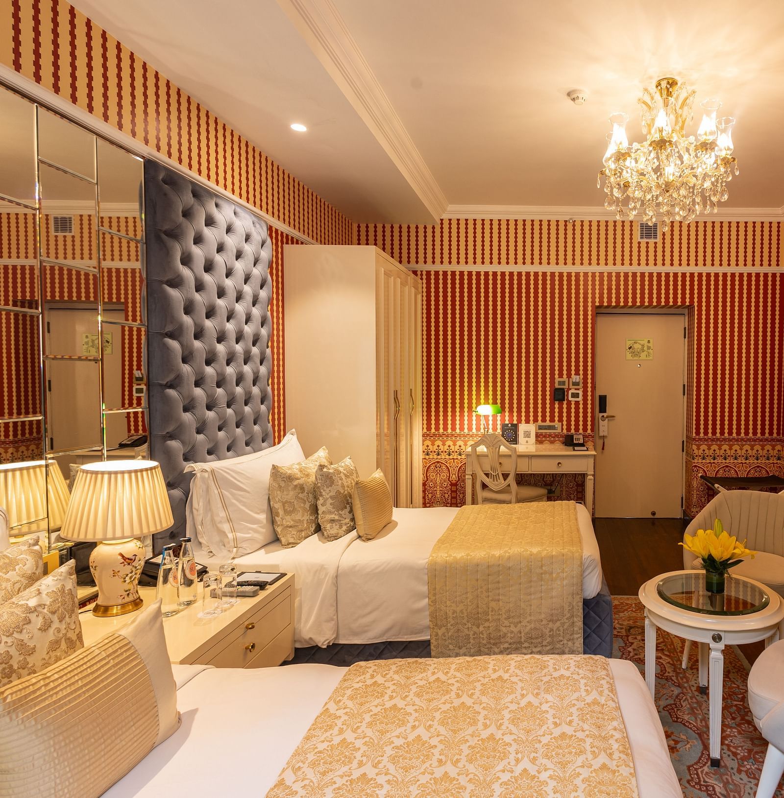 Luxury Twin Bed Room with Balcony at The Claridges New Delhi, featuring twin beds with pillows and a wall-mounted TV
