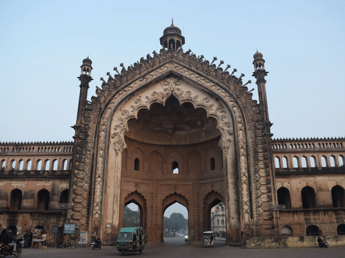 The majestic facade of the Rumi Darwaza in Lucknow, showcasing its intricate architecture.