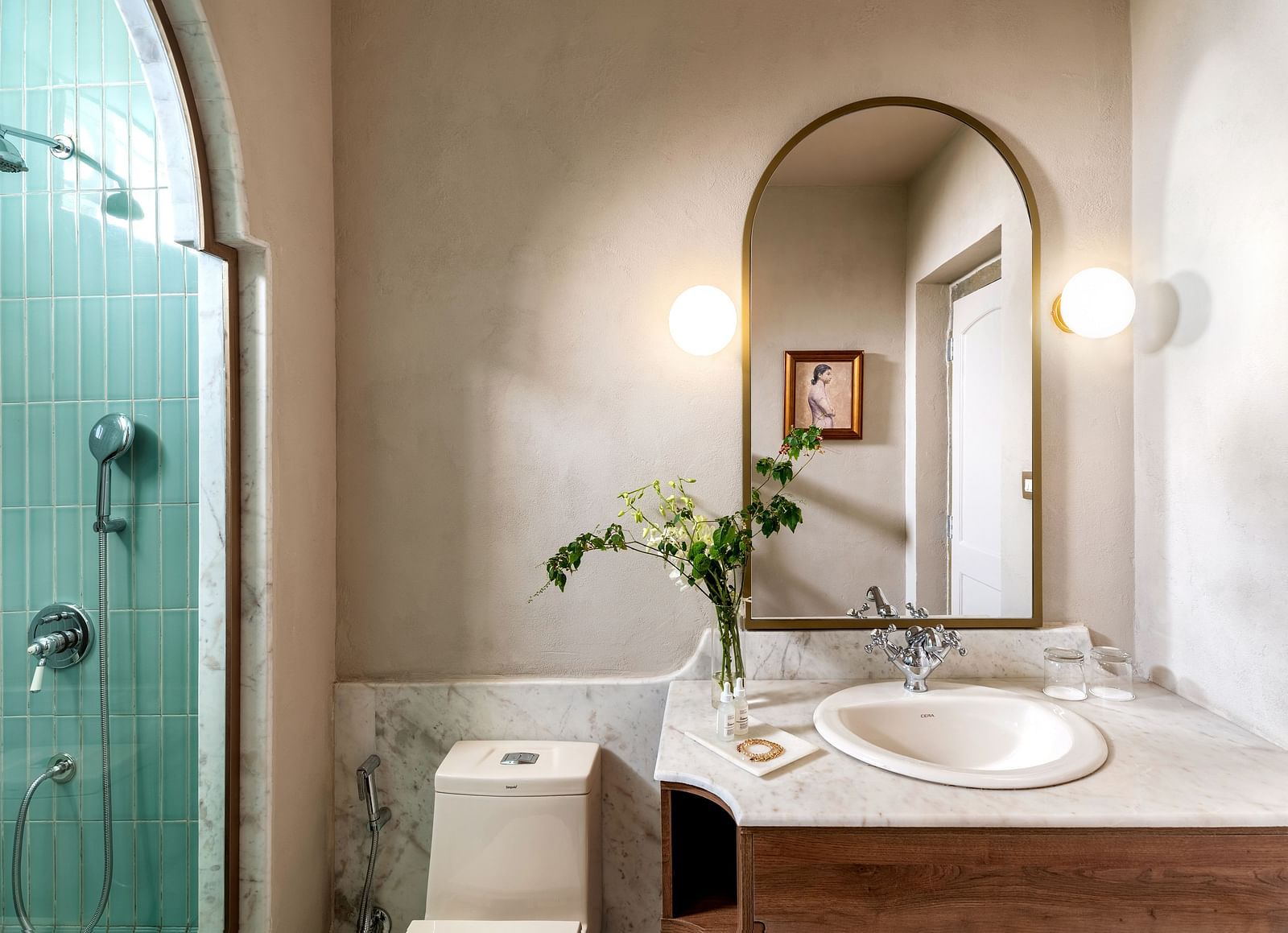 Overview of the bathroom with the sink area in view inside one of the rooms - Manuscript - Jhilwara Haveli, Udaipur