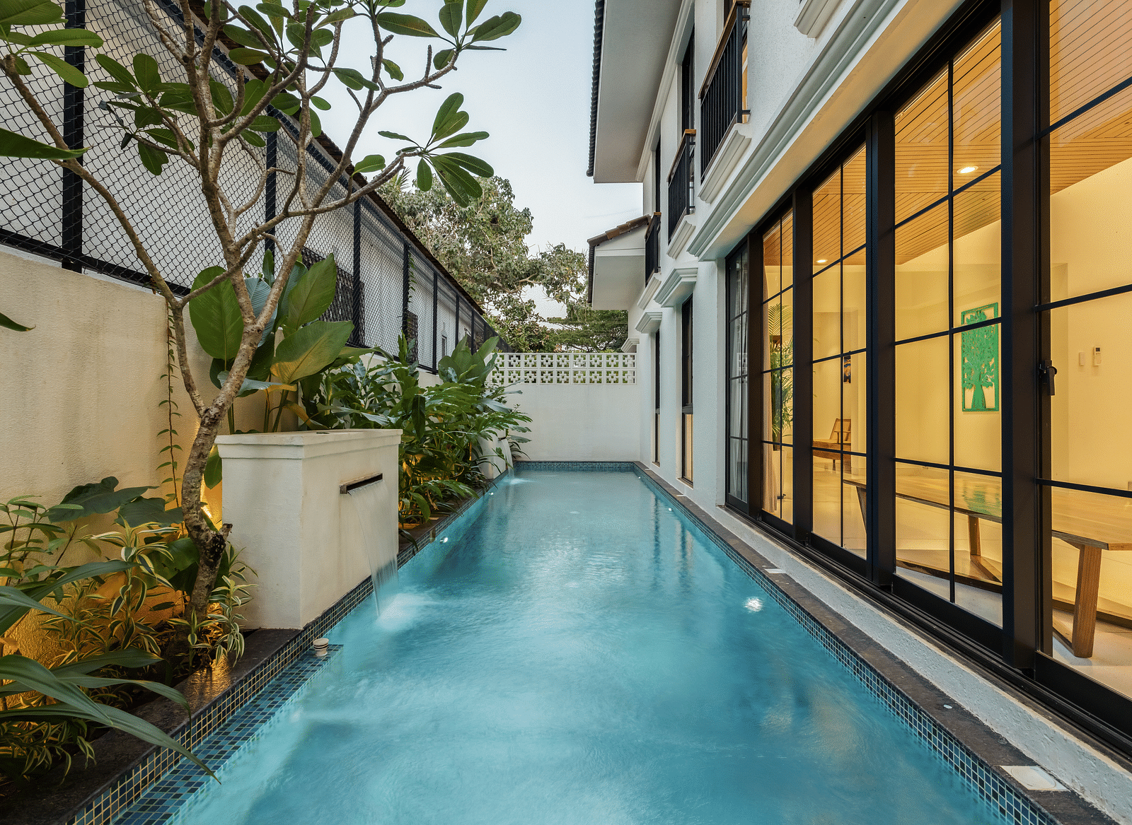 A long outdoor pool bordered by tropical plants and modern villa architecture, creating a serene retreat - BluSalzz Villas - Alocassia, Anjuna