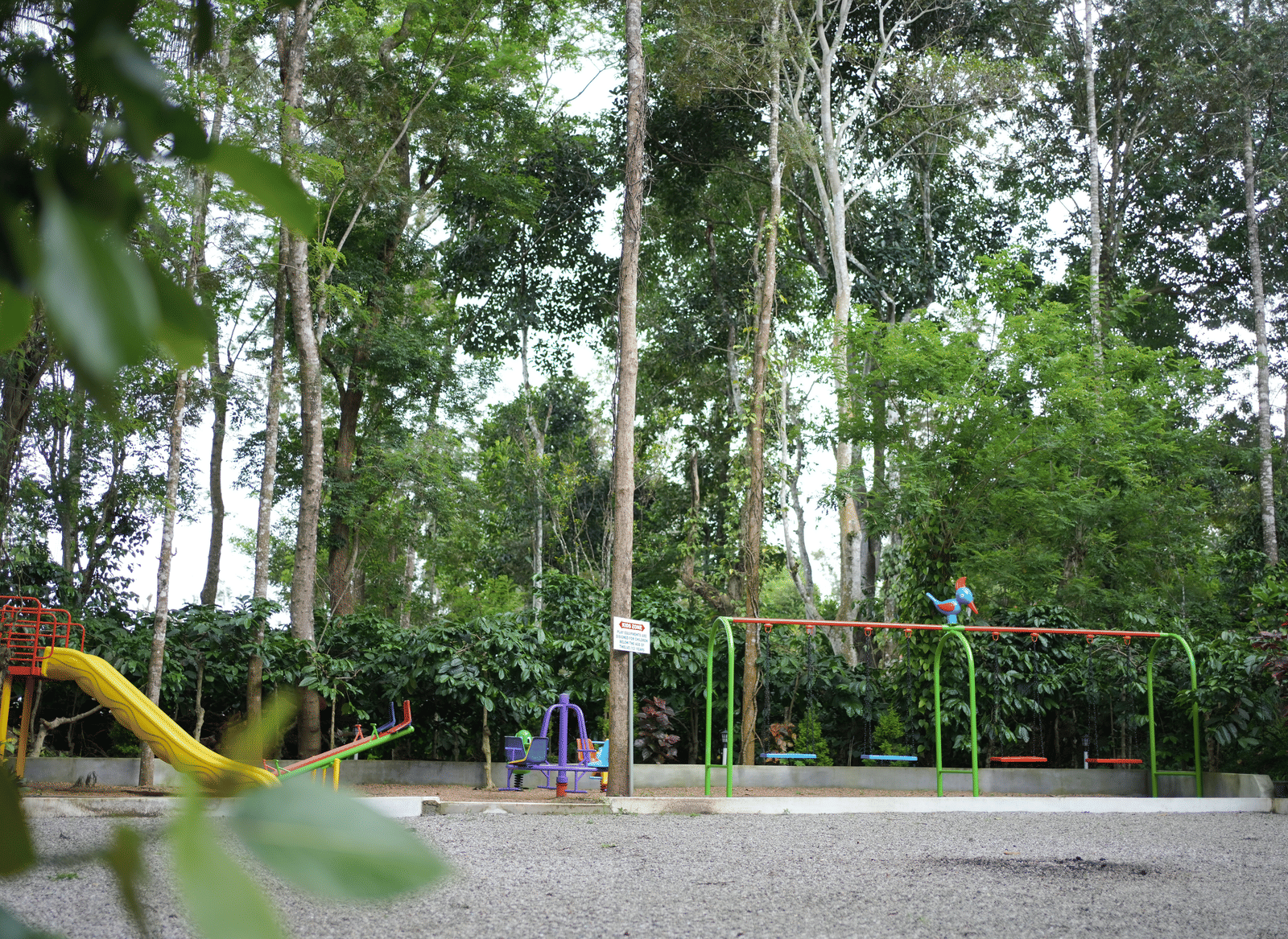 A gravel play area in a woodland setting, featuring a blurred view of a small children's swing set at Coorg Orange Blossom Resort and Spa.