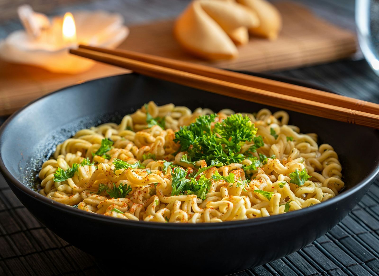A bowl of noodles topped with coriander, with chopsticks resting on the bowl