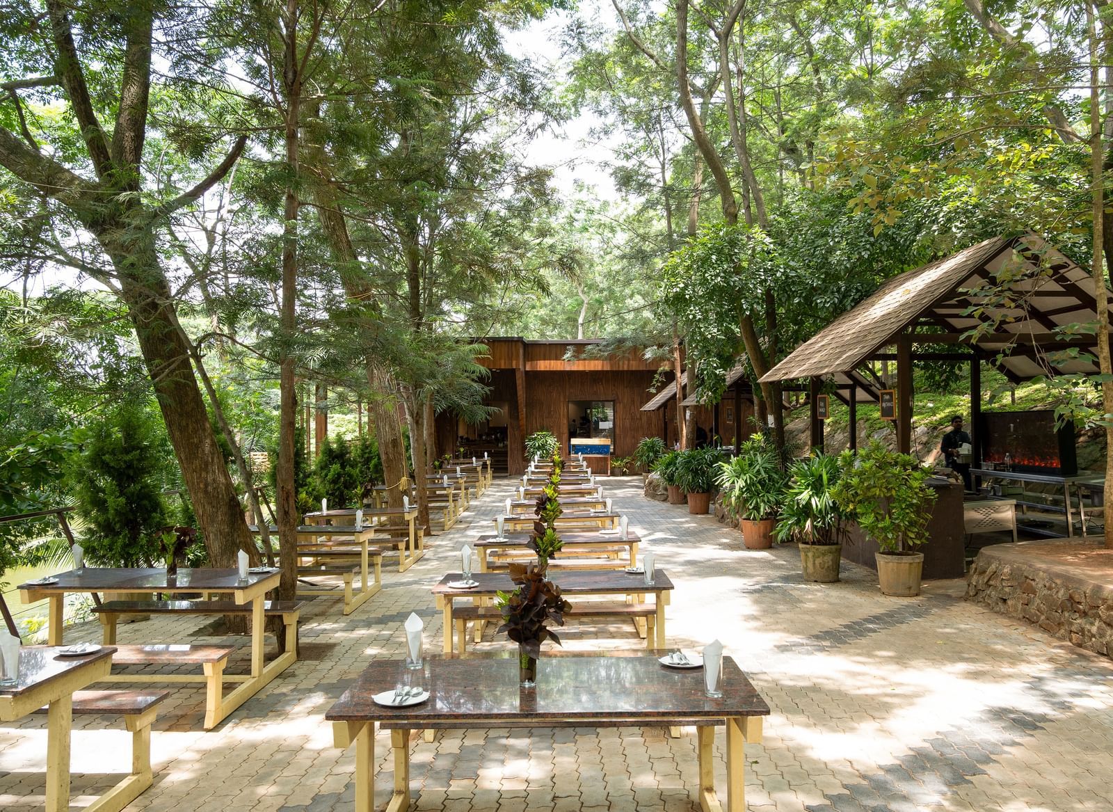 An outdoor dining area is set with numerous tables and chairs arranged along a path under a canopy of trees | Lake View Restaurant