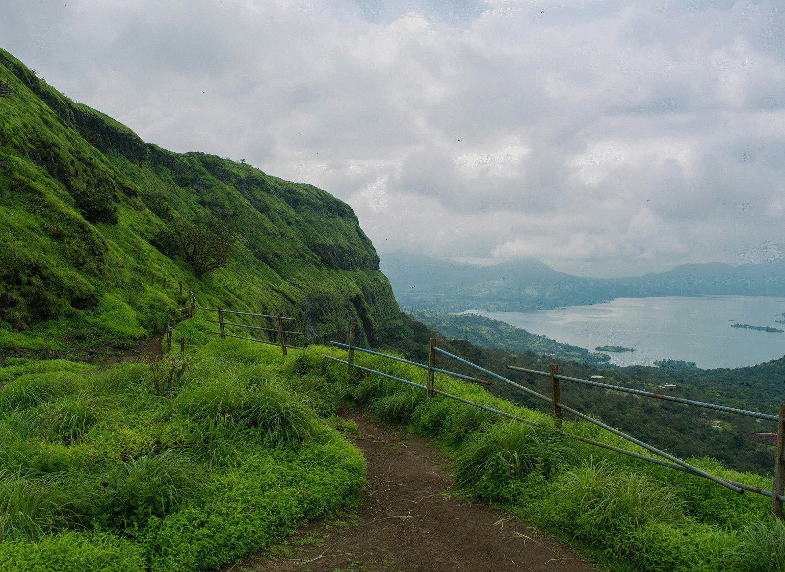 a view of a trail beside a lush green hill during daytime