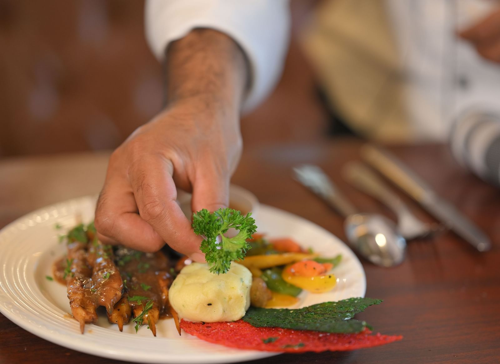 Chef plating a gourmet dish with artistic precision at Royal Comfort Regency, blending flavour and presentation effortlessly.