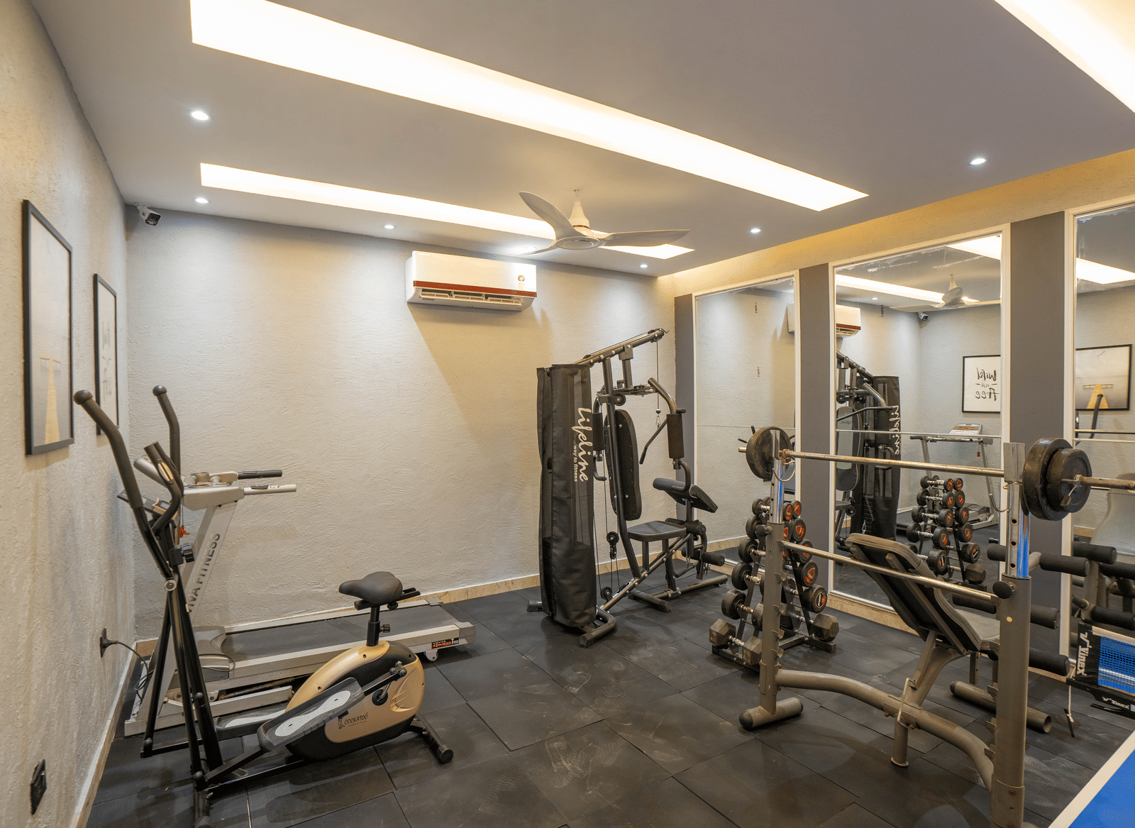 The well-equipped fitness centre at Sukoon by the Ganges features cardio machines and weight-training apparatus.