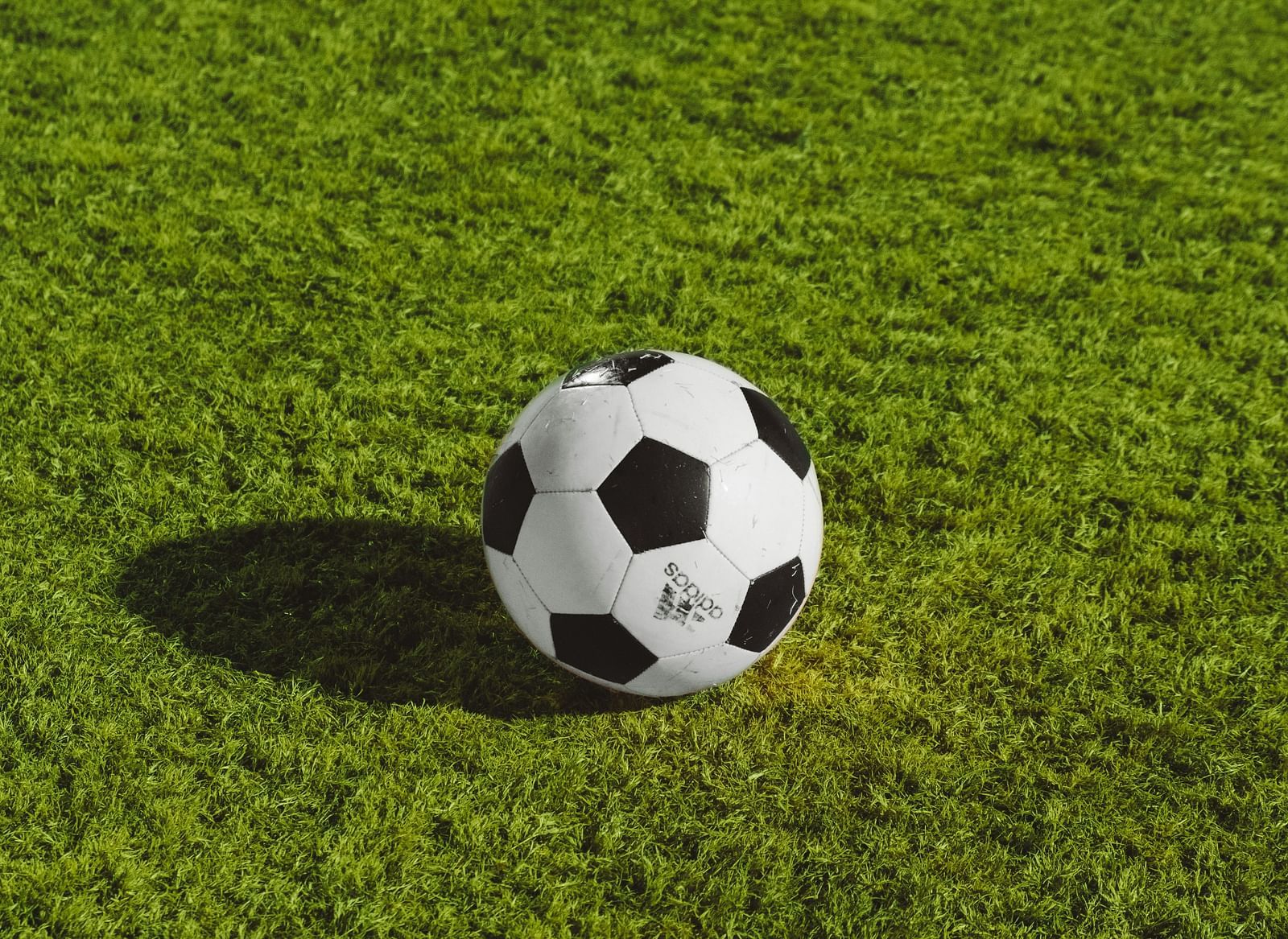 Black and white football placed on a lawn 