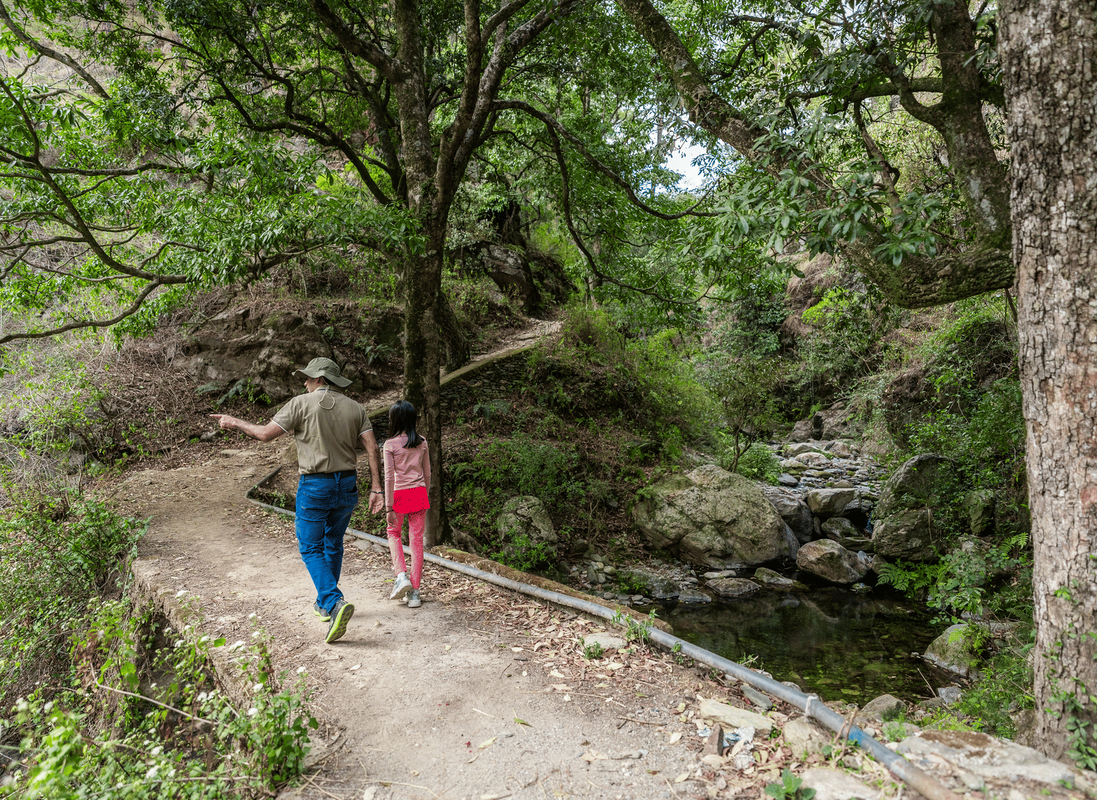 A person and a child walking on a rocky path next to a stream near Ziran Retreat.
