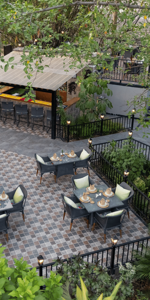 Jungle grill restaurant with flexible seating layout at The Golden Tusk, Jim Corbett