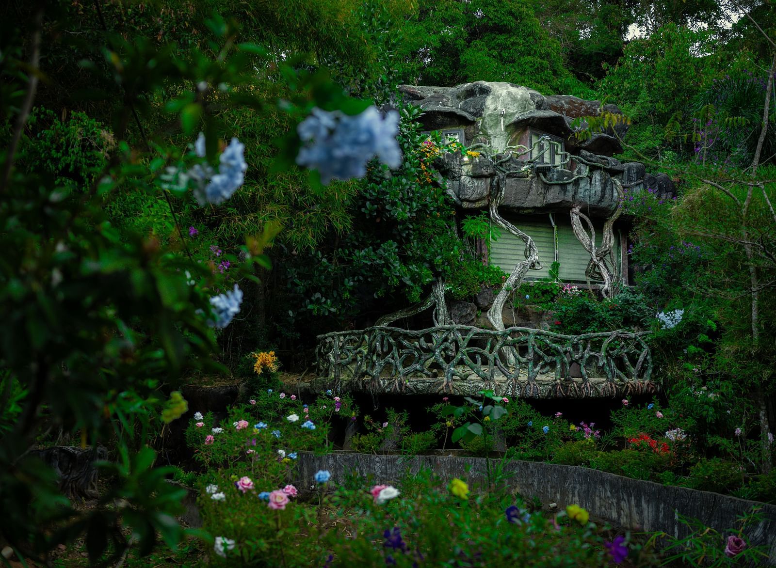 An image of a cave room amidst the jungle with pretty flowers and shurbs