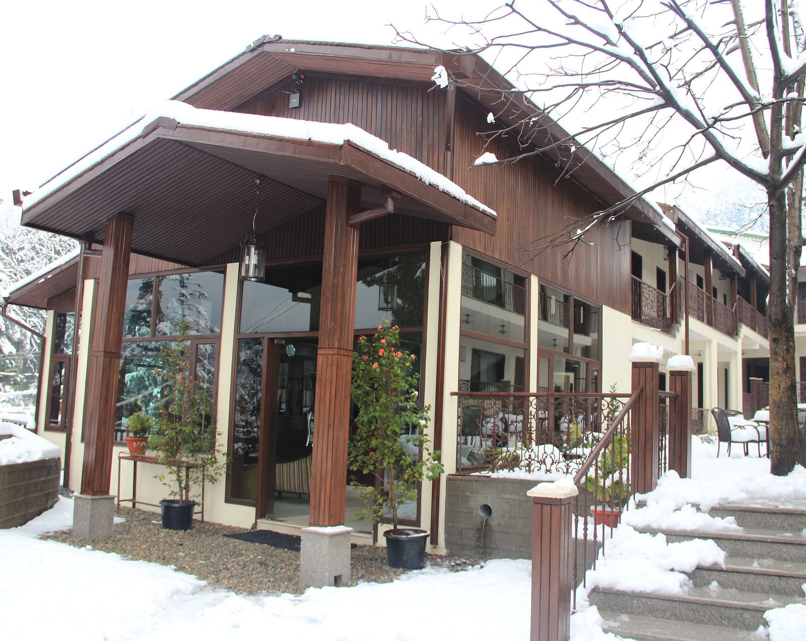 Building with glass doors, surrounded by snow-covered trees and land.