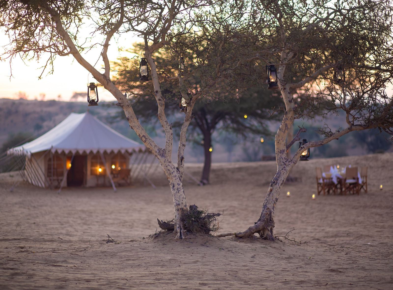 Manvar private camp with lush green trees and a well lit hut - at Manvar Resort & Desert Camp 