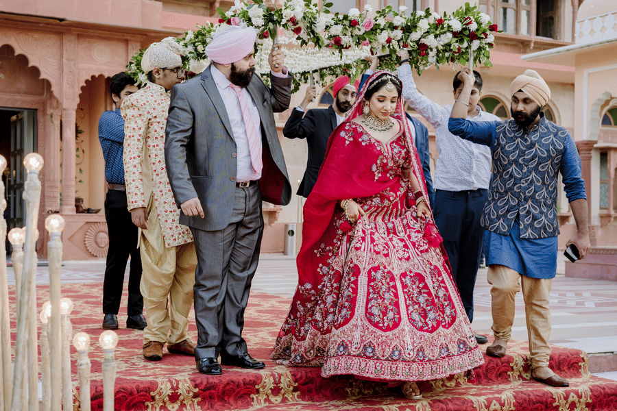 Groom’s wedding procession with family and friends during a traditional baraat entry.
