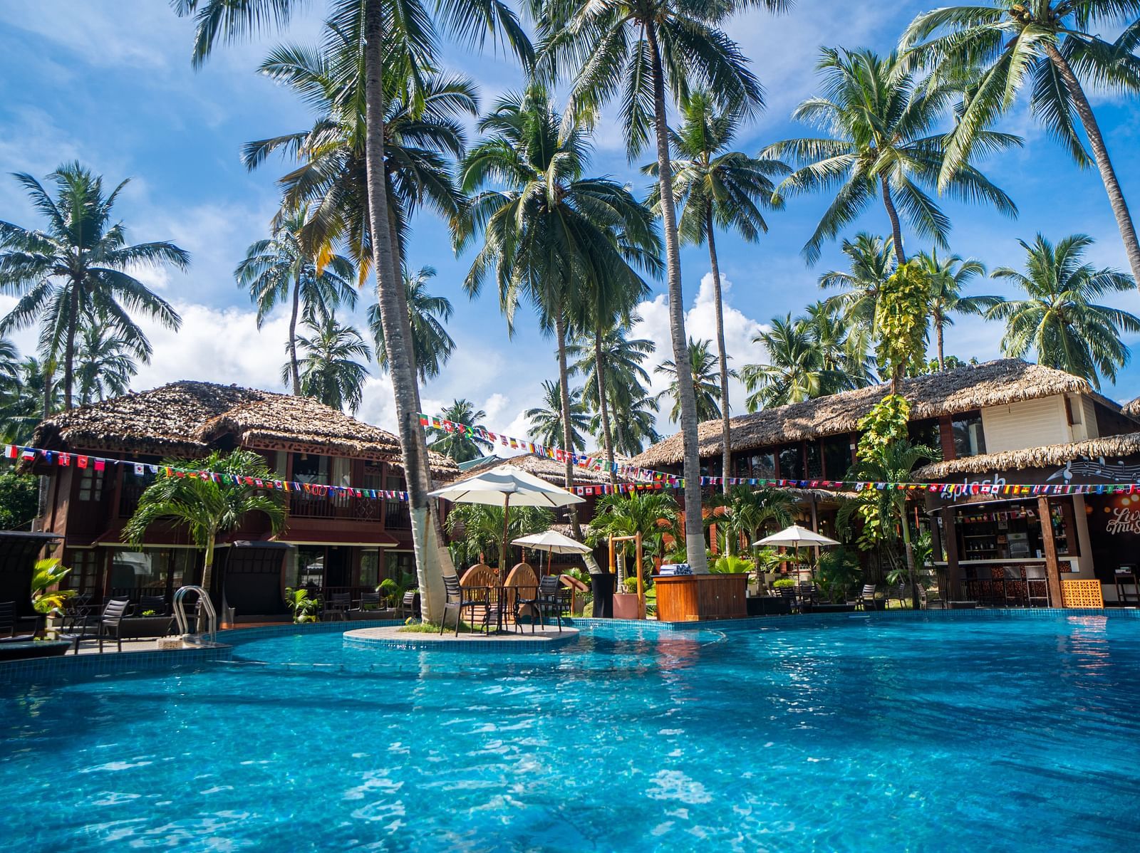 Pool with cocount trees on the side at Coral Reef Hotel & Resort