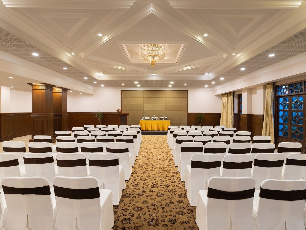 Seating arrangement in a banquet hall at Sangam Hotel, Thanjavur
