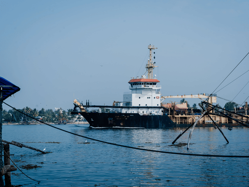A large industrial ship glides calmly through coastal harbour waters near fishing nets suspended along the shore.