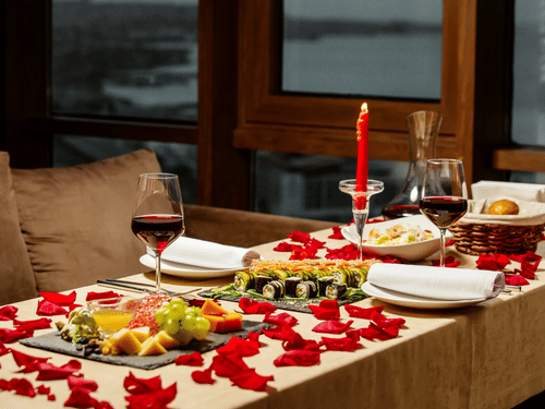 A decorated table with flowers and candles, featuring food served alongside wine glasses.